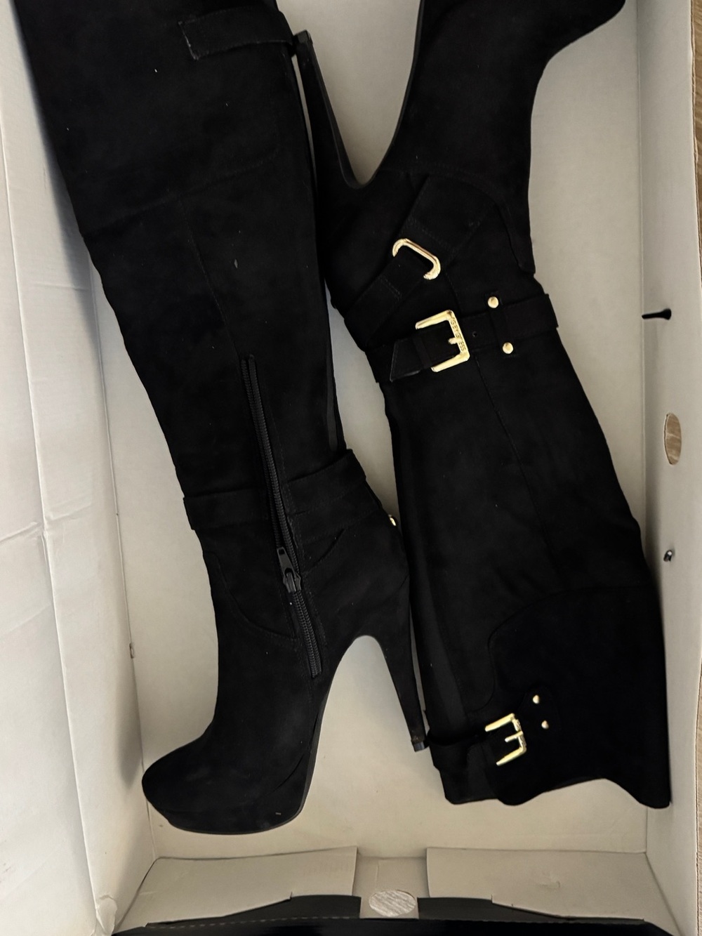 G by Guess Black Suede Knee-High Heeled Boots with Gold Buckle Accents
